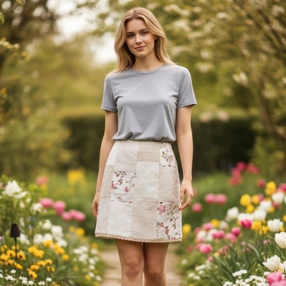 Alberto Makali Patchwork Mini Skirt Cream‎ Ivory Romantic Grandmacore Size 8